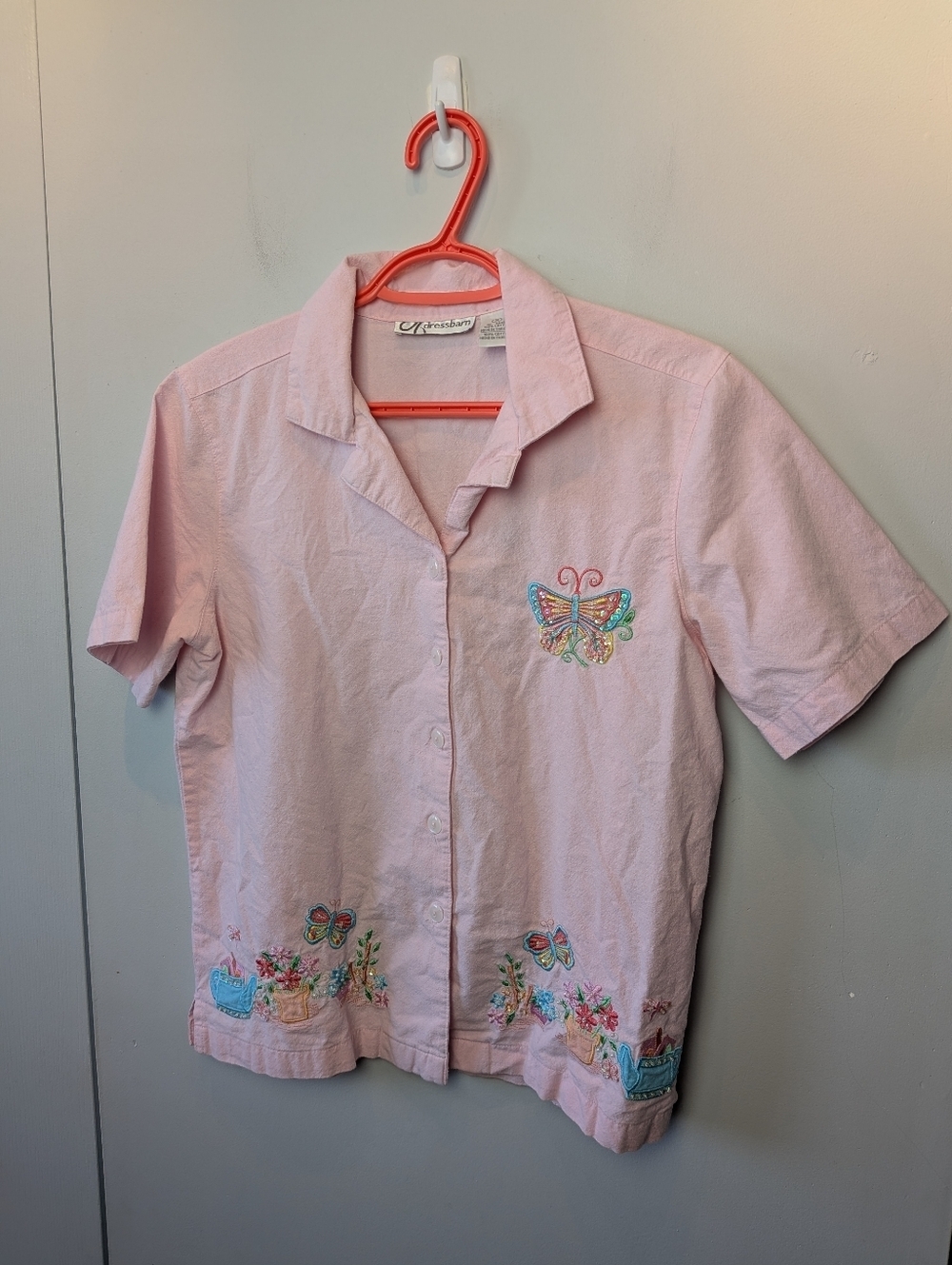 VINTAGE 90' Summer Women Blouse Button Down Size M 100% Cotton embroidery Pink
